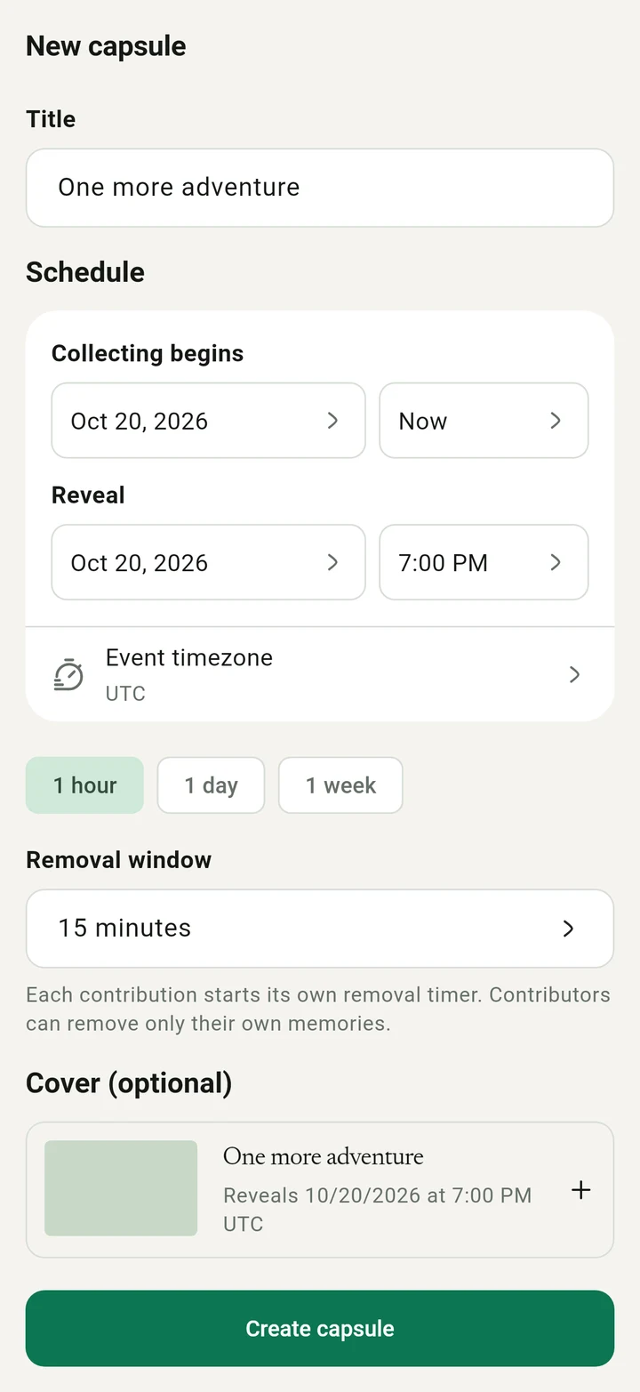 Fern capsule setup with a name, dates and a reveal time.
