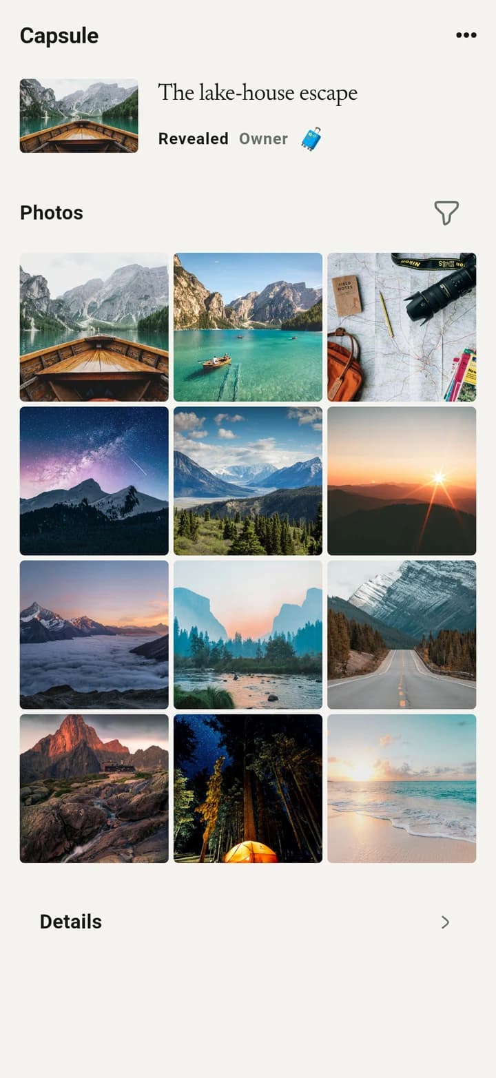 The revealed trip capsule with a grid of photos from the group.