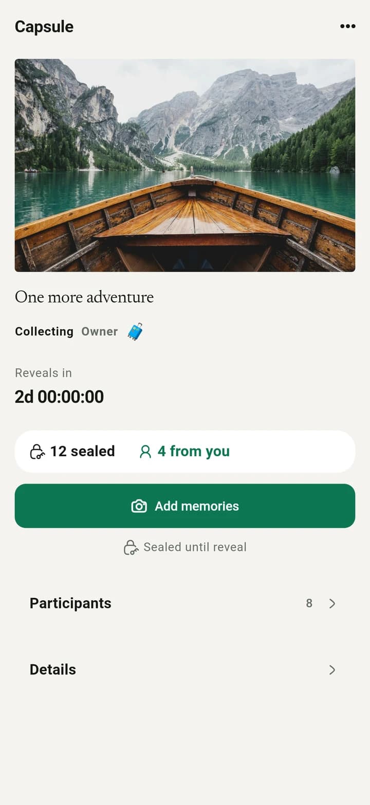 A sealed trip capsule showing a photo count without contributed images.